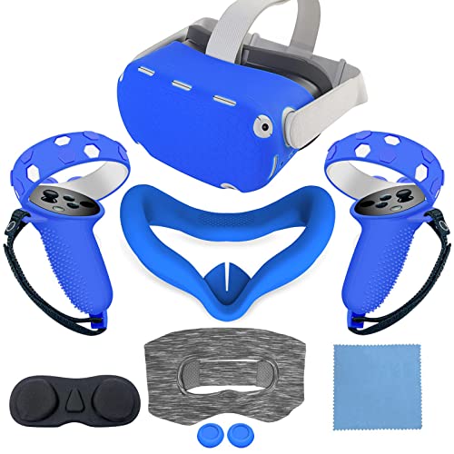 JYMEGOVR for Oculus Quest 2 Silicone Cover, Protective Cover Accessories for Meta VR, Multi Colors Soft Shell Skin, Controller Grips & Face Cover Set (Blue)