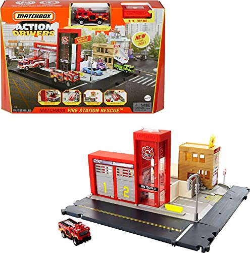 Matchbox Cars Playset, Action Drivers Fire Station Rescue & Toy Firetruck in 1:64 Scale, Lights & Sounds, Moving Parts