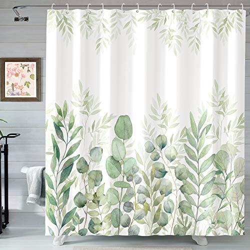 AMM Green Eucalyptus Shower Curtain Watercolor Plant Leaves Shower Curtains for Bathroom Waterproof Fabric Botanical Leaf Bath Curtain Decor (72''×72'')