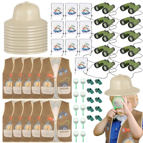 Liliful 60 Pcs Kids Explorer Kit Outdoor Costume Set Include Safari Vest Kids Adventure Plastic Hat Whistle Magnifying Glass Drawstring Backpack Binoculars for 3-12 Kids Jungle Party Outdoor