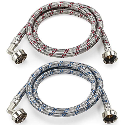 Cenipar Washing Machine Hoses 4feet with 90 Degree Elbow Premium Stainless Steel Burst Proof (cost-effective 2 pack) Red and Blue Striped Water Connection Inlet Supply Lines