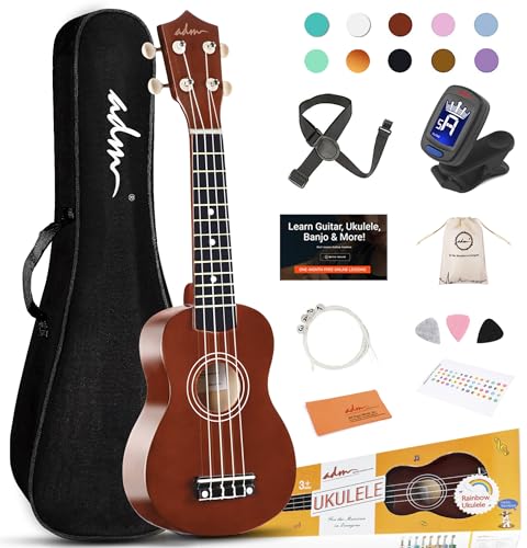 ADM Soprano Ukulele for Beginners 21 Inch Hawaiian Wood Ukelele Kit for Kids Adult Student Starter Professional Ukalelee Pack Bundle with Free Lessons Gig Bag Strap Nylon String Tuner Pick, Brown