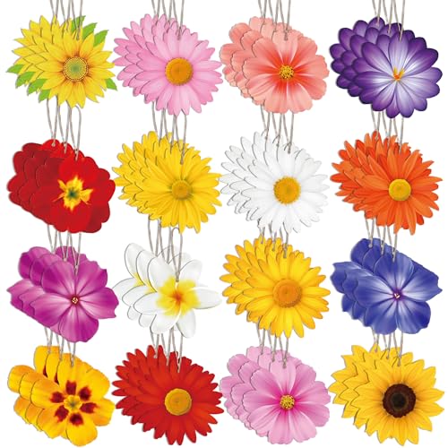 48 PCS Flower Wooden Ornaments Spring Summer Flower Wood Hanging Decorations Sunflower Wood Cutouts for Spring Summer Small Tree Decoration Party Supplies