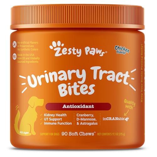 Zesty Paws Cranberry Bladder Bites for Dogs - Kidney & Urinary Tract Health - Soft Chews with D-Mannose, Vitamin B6 & L-Arginine - Immune & Gut Support - Chicken - 90 Count