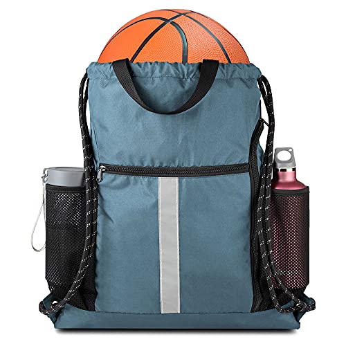 BeeGreen Blue Sport Cinch Bag String Backpack with Shoe Compartment and Two Side Mesh Pockets Machine Washable Sturdy Gymsack Drawstring Sackpack