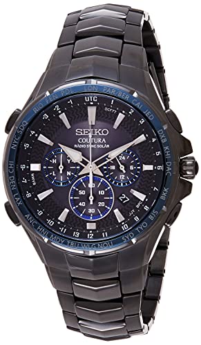 SEIKO SSG021 Watch for Men - Coutura Collection - Radio Sync Solar Chronograph, Stainless Steel Case & Bracelet with Black Ion Finish, Black Dial, and Date Calendar
