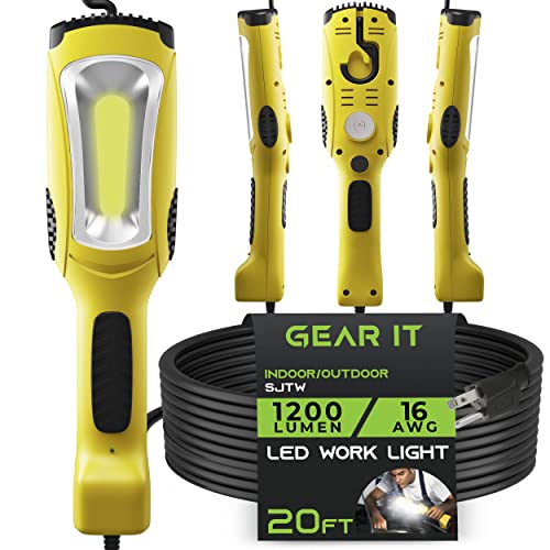 GearIT LED Work Light (20 feet) 1200 Lumen COB LED - 16 Gauge SJTW Indoor/Outdoor NEMA 5-15R Extension Cord - Handheld, Rotating Hanger, Magnetic Base for Auto Mechanic and Construction - 20ft