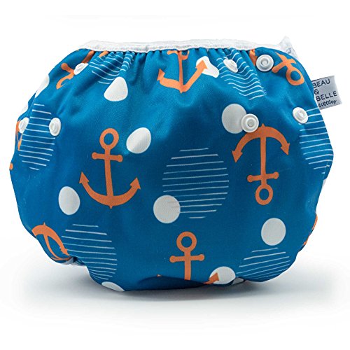 Large Nageuret Reusable Swim Diaper, Adjustable & Stylish Fits Diapers Sizes 4-7 (Approx. 20-55lbs) Ultra Premium Quality for Swimming Lessons (Anchors)