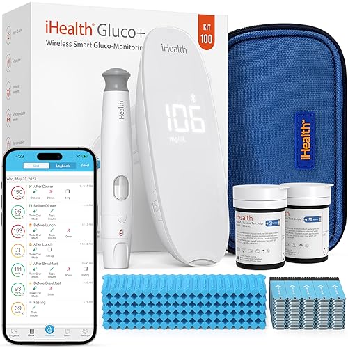 iHealth Gluco+ Wireless Smart Blood Glucose Monitor Kit with Free App, 100 Glucometer Strips, 100 Lancets, 1 Blood Sugar Monitor, 1 Lancing Device, Portable Diabetes Testing Kit for Home Use