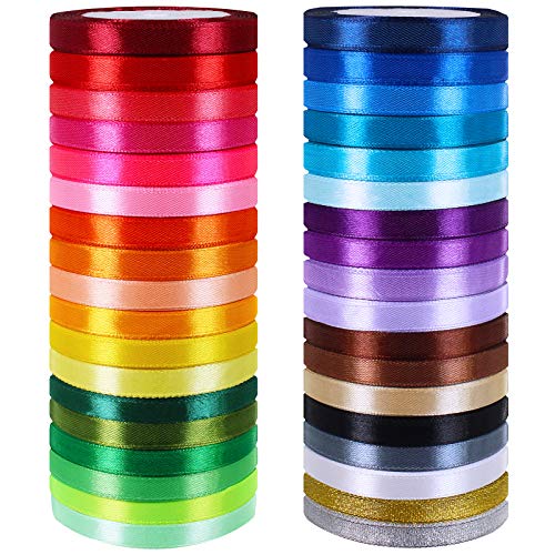 Winlyn 36 Colors 900 Yards Fabric Ribbons Satin Ribbons Metallic Glitter Ribbons Rolls Craft Ribbons Embellish Decorative Ribbons 2/5' Wide for Floral Bouquet Gifts Crafts Bows Party Wedding