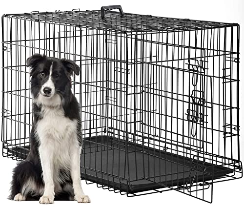 FDW Dog Crate Dog Cage Pet Crate for Large Dogs Folding Metal Pet Cage Double Door W/Divider Panel Indoor Outdoor Dog Kennel Leak-Proof Plastic Tray Wire Animal Cage (Black, 48 Inch)