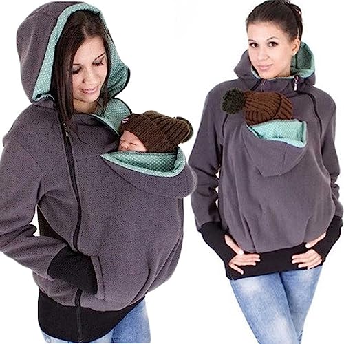 3 In 1 Women's Fleece Maternity Kangaroo Hooded Sweatshirt Multifunction Baby Carriers For Baby And Mother Coat Top, Gray green-M