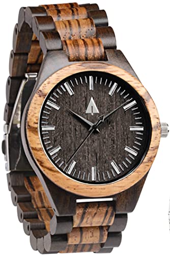 Treehut Wooden Watches for Men, Great Japanese Quartz Analog, Stylish Exotic Watch with Adjustable Stainless Steel Clasp, Buckle, Made from Ebony and Walnut Wood, Relojes Hombre Mujeres