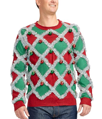 Men's Ornament and Garland Ugly Christmas Sweater - Green and Red Funny Tacky Tinsel Christmas Sweater: Small