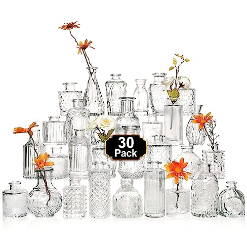 Arme Glass Bud Vase Set of 30 Pcs，Small Glass Vases for Flowers，Clear Bud Vases in Bulk，Vintage Vases for Centerpieces，Small Glass Bud Vase for Rustic Wedding Decorations，Home Table Flower Décor