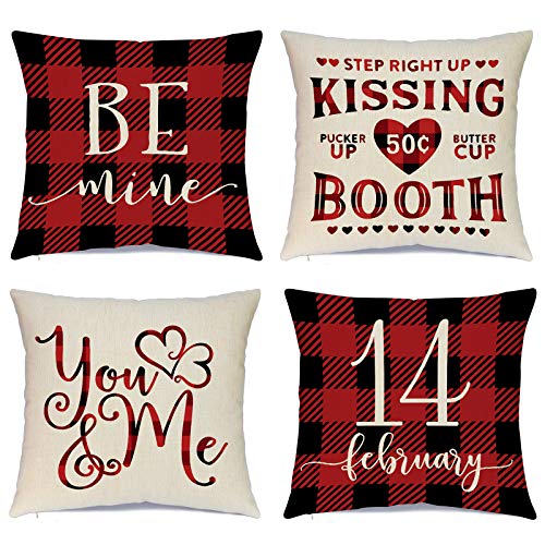 Ueerdand Valentines Day Pillow Covers 18x18 inch Set of 4 Valentine Decorations for Home Decor Red Black Buffalo Check Valentines Day Throw Pillows Decorative Cushion Cases