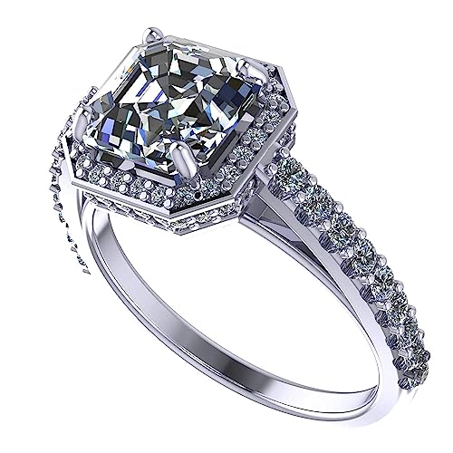 NANA Jewels Halo Engagement Ring 2.00ct Center Asscher Cut Gemstone 7mm (2.50ctw) - Platinum Plated Silver Size 8