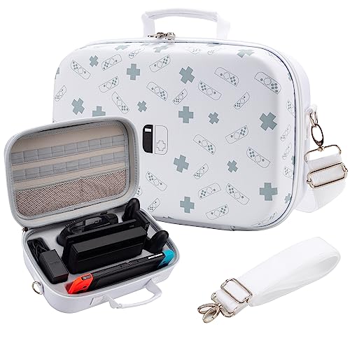 Flyekist Carrying Case Compatible with Nintendo Switch, Portable Travel All Protective Hard Messenger Bag Soft Lining 18 Games for Switch Console Pro Controller & Accessories (2023 Newest White)