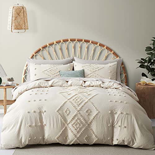 Oli Anderson Tufted Duvet Cover Queen Size, Soft and Lightweight Duvet Covers Set for All Seasons, 3 Pieces Boho Embroidery Shabby Chic Bedding Set (Beige, Queen, 90’’ x 90’’)