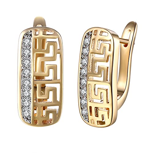 WSKFLY 14K Gold Plated Pattern Cutout Women's Earrings, Cubic Zirconia Hoop Earrings (Keystone Diamonds)