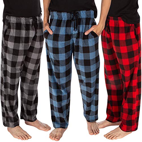 DG Hill (3 Pairs Mens PJ Pajama Pants Bottoms Fleece Lounge Pants Sleepwear Plaid PJs with Pockets Microfleece