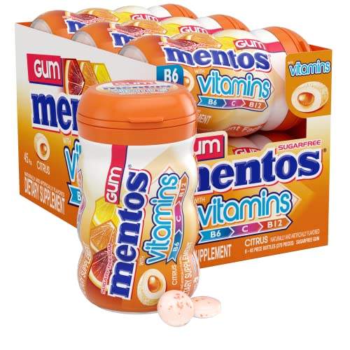 Mentos Gum with Vitamins, Sugar Free Chewing Gum with Xylitol, Citrus Flavor, Vitamins B6, B12 and C, Bottle of 45 (Bulk Pack of 6)