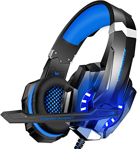 BlueFire Stereo Gaming Headset for PS4, PS5, PC, Xbox One, Noise Cancelling Over Ear Headphones with Mic, LED Light, Bass Surround, Soft Memory Earmuffs for Laptop Nintendo Switch Games (Blue)