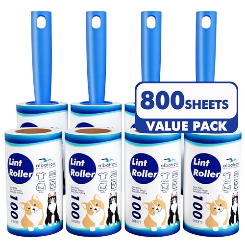 Lint Rollers for Pet Hair Extra Sticky, 800 Sheets (8 Rollers) Mega Value Set Roller with 4 Upgraded Handles, Removal Tool Clothes, Furniture, Carpet, Dog & Cat Remover