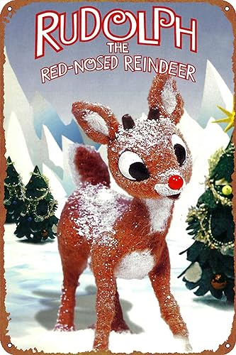 Rudolph the Red-Nosed Reindeer Metal Tin Sign Garage Sign Wall Decoration Old Car Shop Movie Poster Oil Station Sign 8 × 12 inches