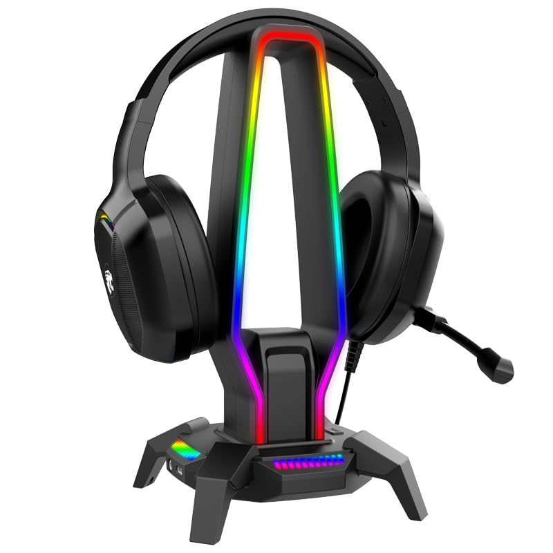 IMYB G6 RGB Headphone Stand with 3 USB 3.0, HD Audio, Type-C Port, Gaming Headset Holder for Desk, 8 Light Modes and Non-Slip Base Suitable, PC Gaming Setup Accessories Gamer Gift (Black)