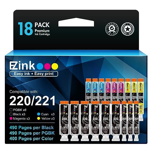 E-Z Ink (TM Compatible Ink Cartridge Replacement for Canon PGI-220 PGI220 CLI-221 CLI221 to use with MX860 MX870 MP980 MP990 MP560 (6 Large Black, 3 Cyan, 3 Magenta, 3 Yellow, 3 Small Black) 18 Pack