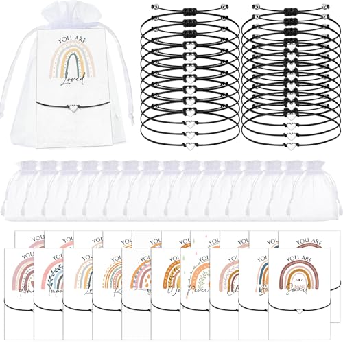 Fumete 20 Sets Inspirational Gifts bulk Employee Appreciation Gift for Women Heart String Bracelets with Cards Bags for Student (Black)