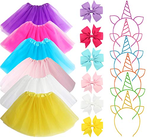 18Pcs Ballet Tutu Skirts for Little Girls Unicorn Headbands Multicolor Hair Bands Ties Birthday Party Favor Gifts Princess Dress Up Costume 3-Layer Ballet Dance Tutus Skirts for Girls