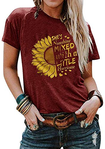 Cicy Bell Women's Sunflower Graphic Letter Print Tops Short Sleeve O Neck Summer Casual Cotton Tee Shirts (Burgundy,XX-Large)