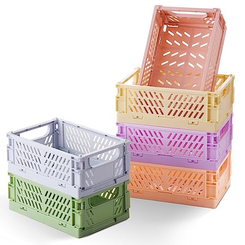 HUUSMOT 6-Pack Pastel Storage Crates, Mini Plastic Crates, Small Baskets for Organizing, Collapsible Storage Crates for Bedroom Decor Classroom Office Kitchen Home (5.8'x 3.8' x 2.2')