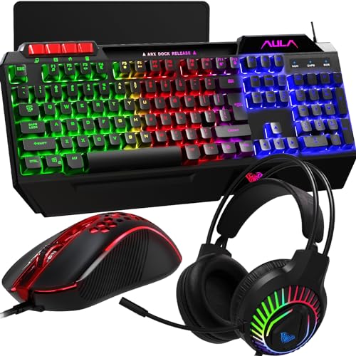 AULA Gaming Keyboard Mouse Headset and Mousepad Combo, RGB LED Backlit Gaming Keyboard Bundle, USB Wired Keyboard Combo for PC Gamer, Xbox, PS4 Users