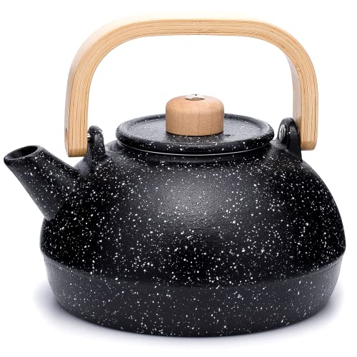 MILVBUSISS Cast Iron Teapot, Large Capacity 44oz Tea Kettle with Infuser for Stove Top, Anti-Hot Wood Handle Japanese Tea Pot for Loose Leaf Coated with Enameled Interior, 1300ml Black