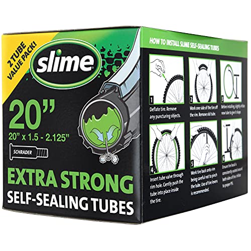 Slime 30075 Bike Inner Tube with Puncture Sealant, Extra Strong, Self Sealing, Prevent and Repair, Schrader Valve, 20'x1.50-2.125', Value 2-Pack