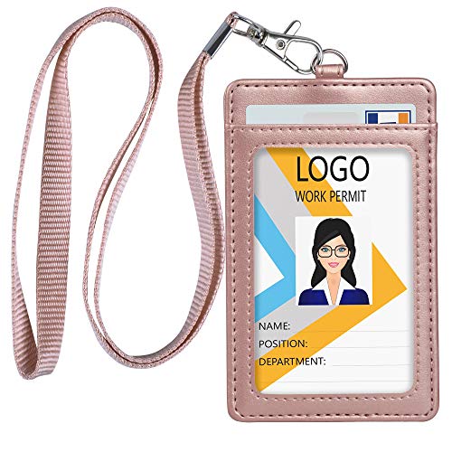 Teskyer Badge Holder with Lanyard, Leather ID Name Badge Card Holder with Lanyard for ID Badges, Vertical Rose Gold
