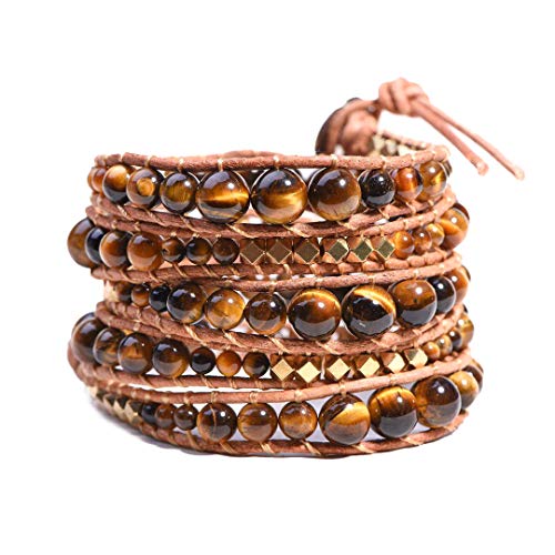 Globi Natural Stone Wrap Bracelet For Women/Men | Adjustable Multilayer Genuine Leather Boho Handmade Beaded Bracelet (Tiger Eye)