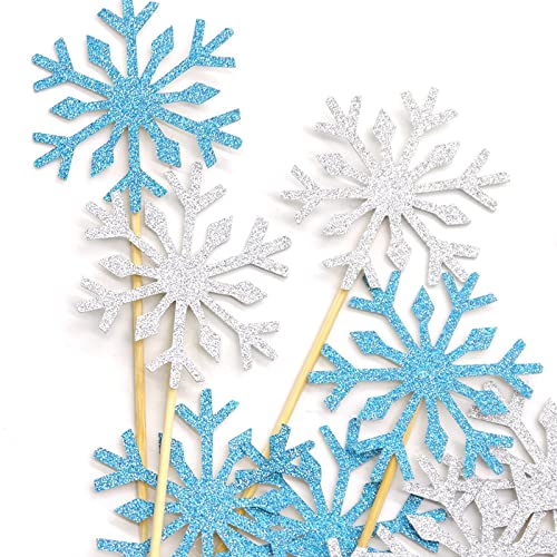 PartyWoo Frozen Cake Toppers, 20 pcs Snowflakes Cupcake Topper, Happy Birthday Cake Topper Set, Silver and Blue Birthday Cake Topper for Frozen Birthday Decorations, Glitter Cake Decorations