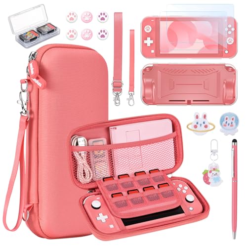 innoAura Switch Lite Case 17 in 1 Switch Lite Accessories Bundle with Switch Lite Carrying Case, Switch Game Case, Switch Lite Screen Protector, Switch Stand, Switch Thumb Grips (Coral)