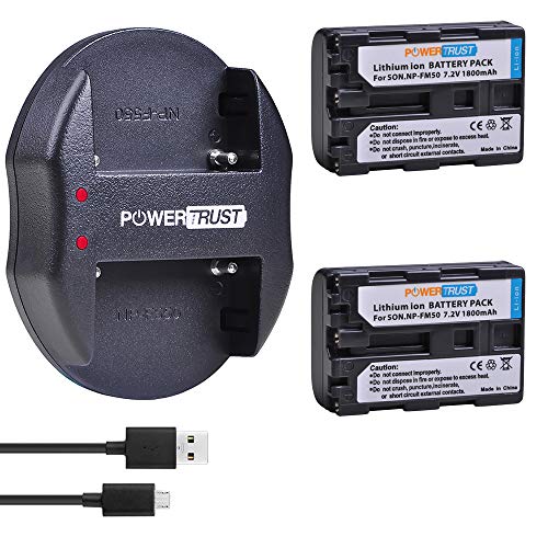 PowerTrust 2 Pack NP-FM50 FM55H Batteries and Dual USB Charger for Sony NP-FM51, NP-FM30, NP-FM55H, DCR-PC101, A100 Series, DSLR-A100