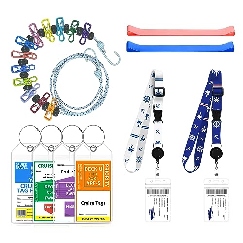 Cruise Ship Essentials, Cruise Luggage Tags, Lanyards for Cruise Ship Cards, Beach Towel Bands, Travel Clothesline, Cruise Essentials Set Works with All Cruise Lines