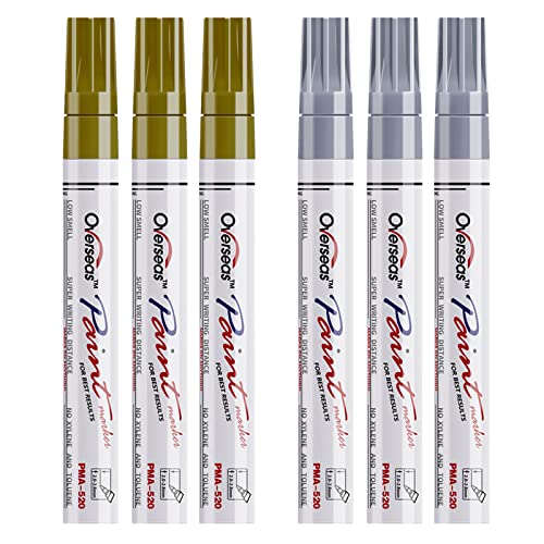 Gold and Silver Paint Marker Pens - 6 Pack Permanent Oil Based Metallic Paint Pen, Medium Tip, Quick Dry and Waterproof Markers for Stone, Wood, Metal, Fabric, Plastic, Canvas, Glass, Mugs