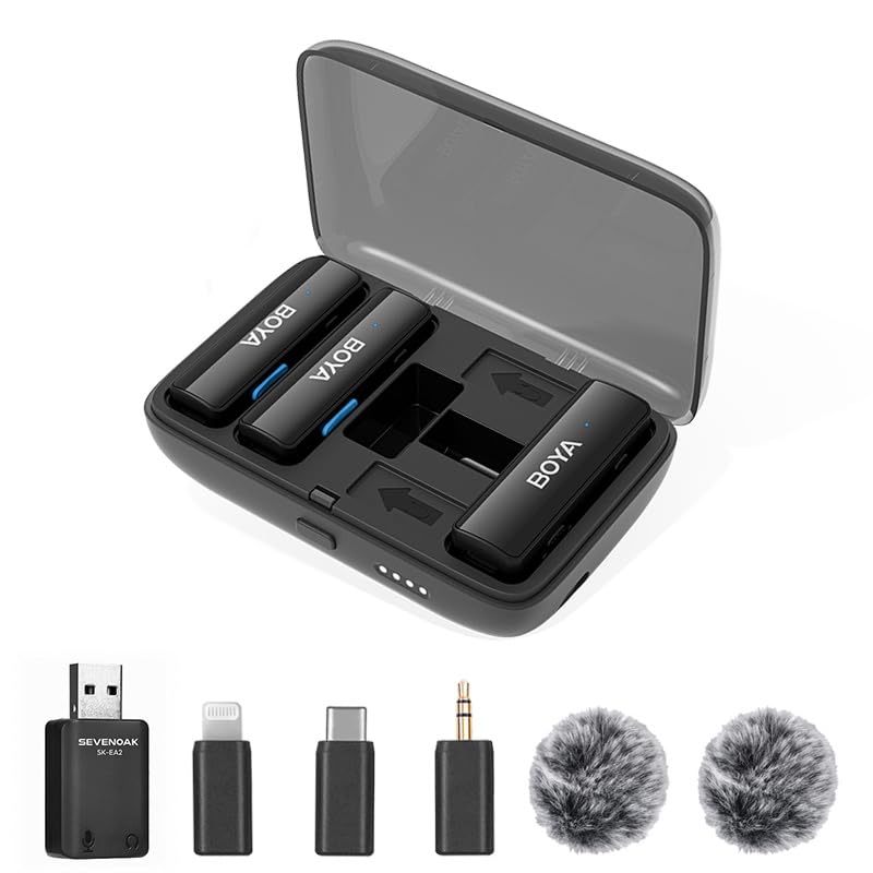 BOYA Wireless Lavalier Microphone for iPhone/Android/Camera Vlogging, BOYALINK All-in-One Lapel Dual Mic System & Lightning & USB-C & USB-A Inputs & Battery Case for Smartphones/DSLR YouTube Facebook