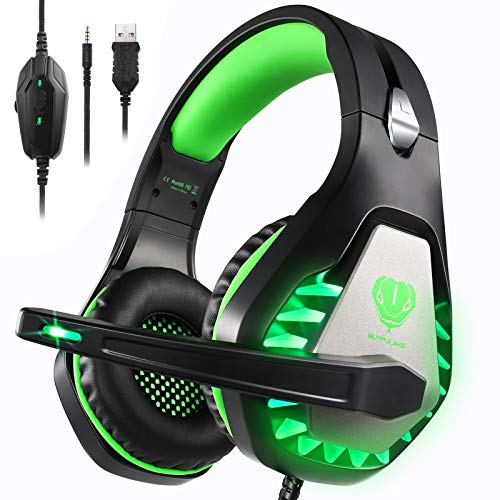 Gaming Headset for PS4, Xbox One, PC, PS5, Laptop, Mac, Nintendo Switch, 3.5MM Noise Cancelling Over Ear Headphones with Mic, Bass Surround, Soft Memory Earmuffs Green