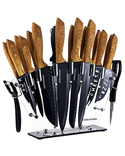 Dockorio Kitchen Knife Set with Block, all in one 19 PCS High Carbon Stainless Steel Sharp Serrated Steak Knives Set, Chef Knives, Bread Knife, Scissor, Sharpener