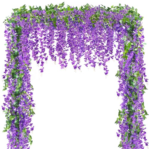Sggvecsy 6Pcs Wisteria Garland Artificial Flowers Garland Fake Hanging Wisteria Vines Rattan Silk Hanging Flower Vines for Home Garden Outdoor Wedding Arch Party Ceremony Total 35.4Ft (Purple)