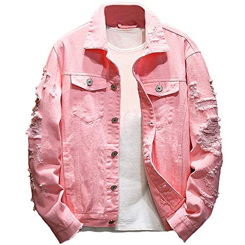 Rexcyril Men's Distressed Denim Jacket Casual Ripped Holes Button Down Trucker Jacket Jean Coat Pink, Medium